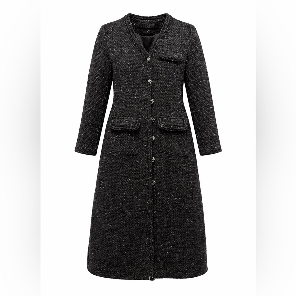 Black Button Front Tweed Metallic Coat Medium Mid Length
